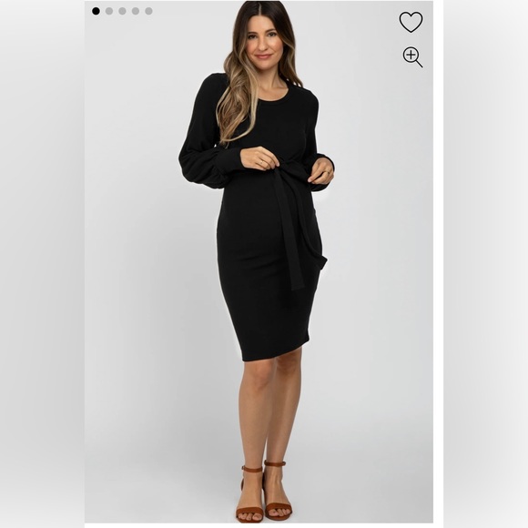 Black Soft Brushed Waist Tie Bubble Sleeve Maternity Dress - Picture 1 of 3